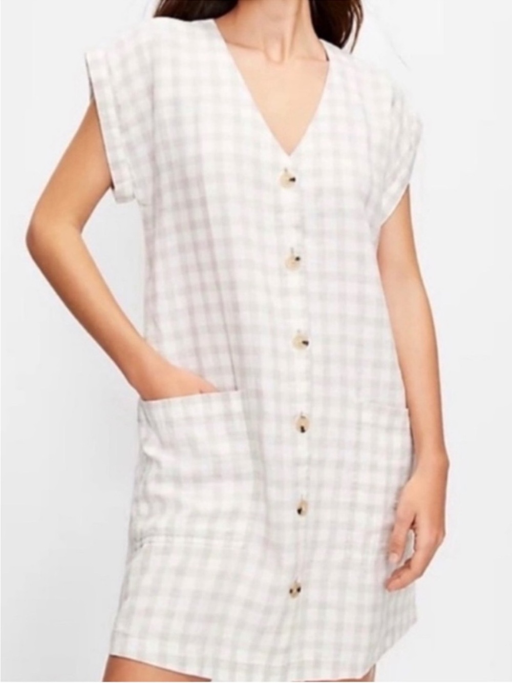 Lou & Grey Soft White and Tan Gingham 100% Linen Button Down Dress XXS cottage